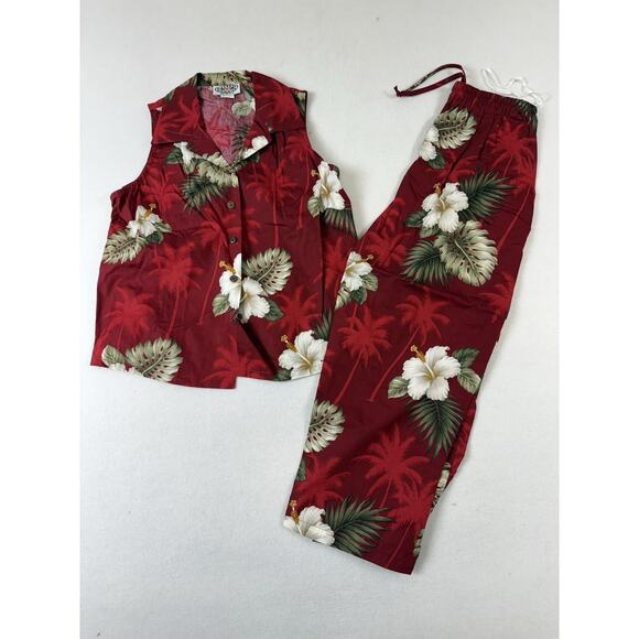 Vtg 90s Pacific Legends Hawaii Womens Red‎ Hibiscus Floral Top Pants Set Coastal - Picture 1 of 16